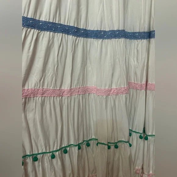 NWT Crown & Ivy White Tiered Maxi Dress with Colorful Pom Pom Trim - Size Large - Picture 7 of 10